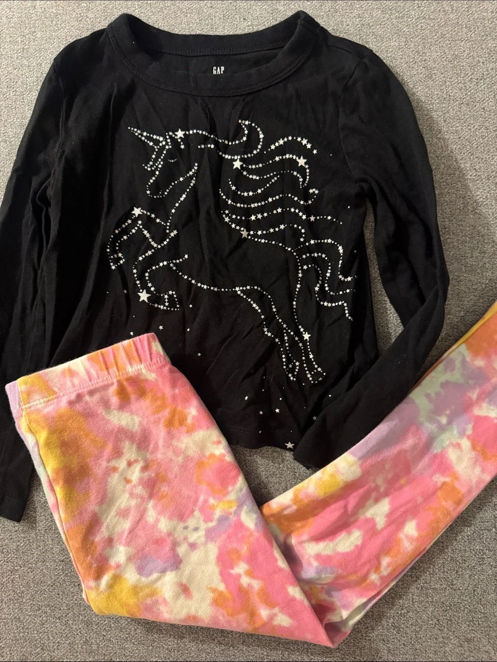 5/$15- GAP Black Unicorn Rhinestone Top with Tie-Dye Leggings
